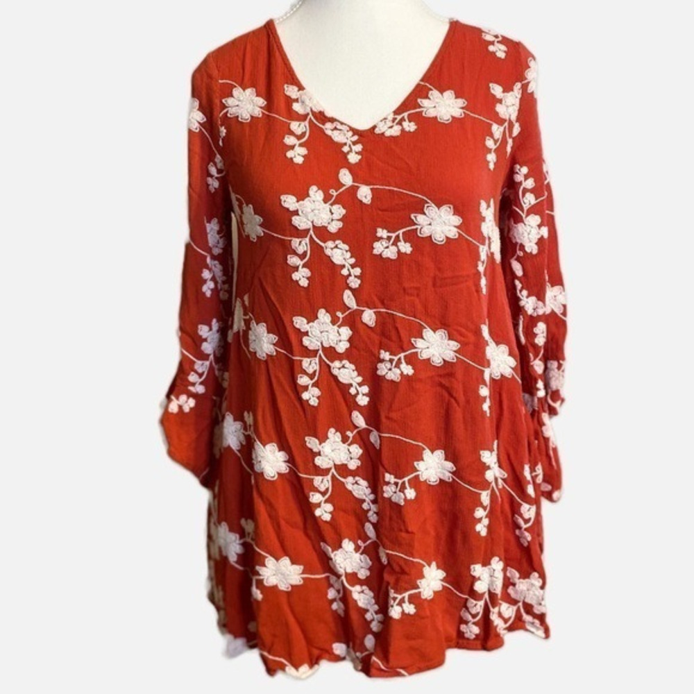 Umgee Floral Retro Long Angled Bell Sleeves Embroidery Mini Dress
